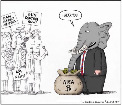 Political cartoon U.S. School shootings gun violence Trump cues list NRA funding thoughts and prayers