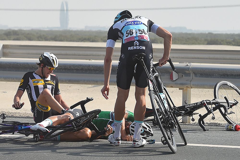 Tom Boonen (Etixx-QuickStep) on the ground after a heavy crash in stage 2 Abu Dhabi Tour