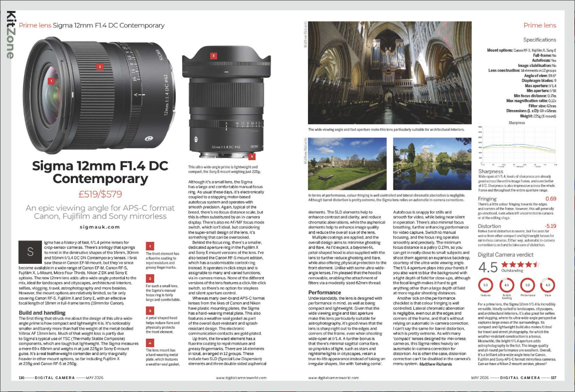 Image showing the two pages of the Sigma 12mm F1.4 DC Contemporary lens review, in issue 307 (May 2026) of Digital Camera magazine