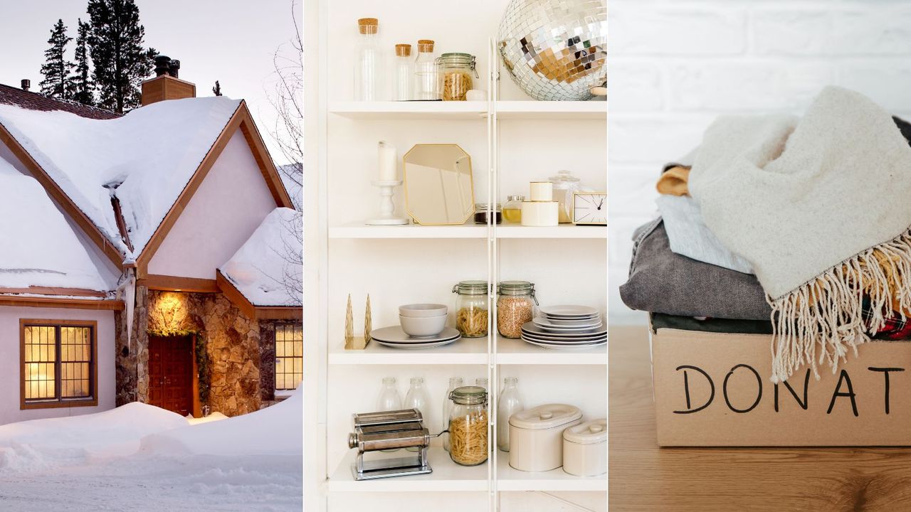 A house in snow | A set of kitchen shelving with glass jars | a cardboard box with donation written on it