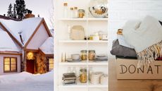 A house in snow | A set of kitchen shelving with glass jars | a cardboard box with donation written on it