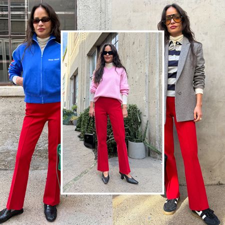 collage of sophie lopez wearing red pants