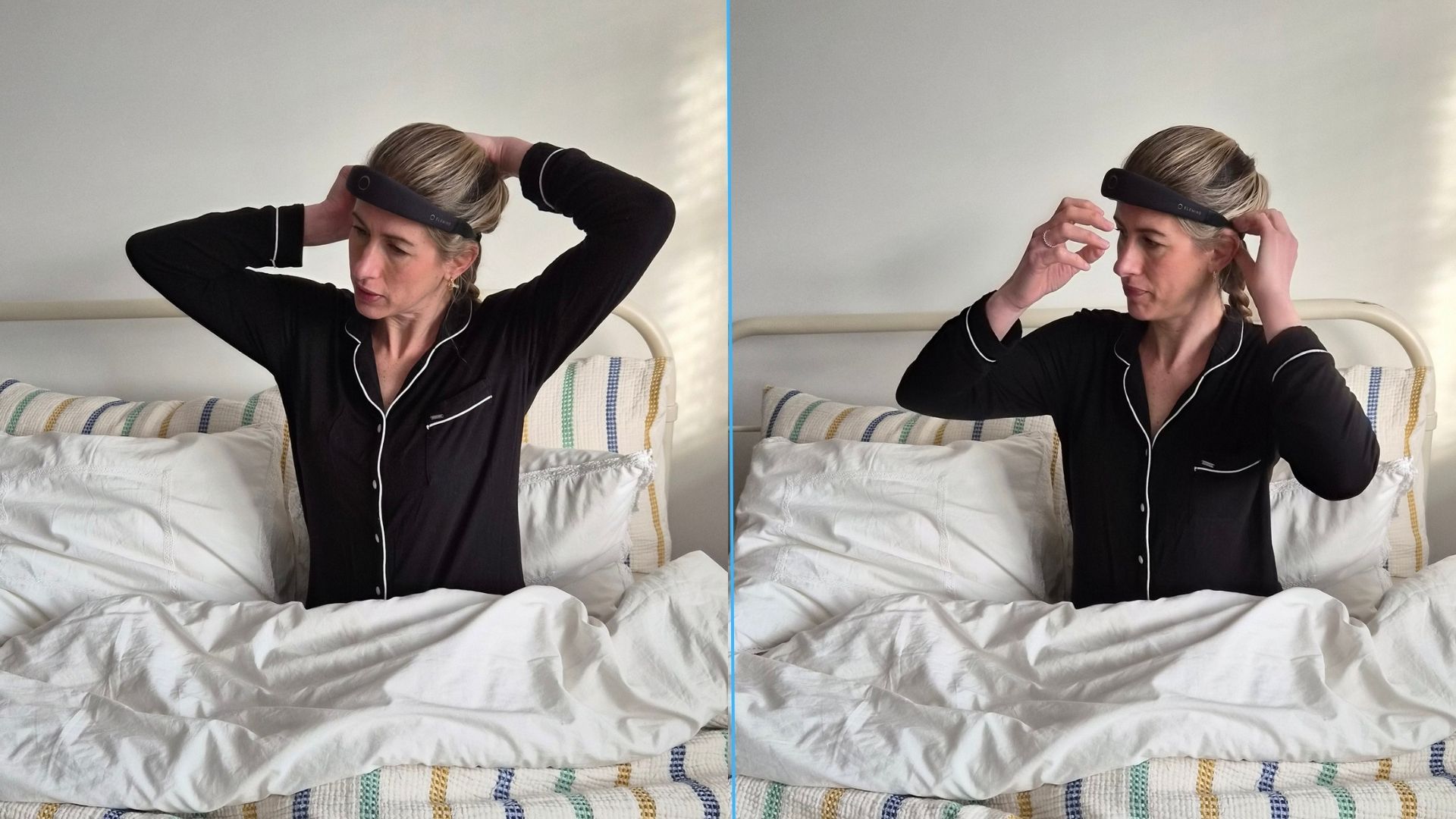 The image shows Tom's Guide Editor Nicola Appleton sitting up in bed wearing black pyjamas and while adjusting the black Elemind sleep headband around her head