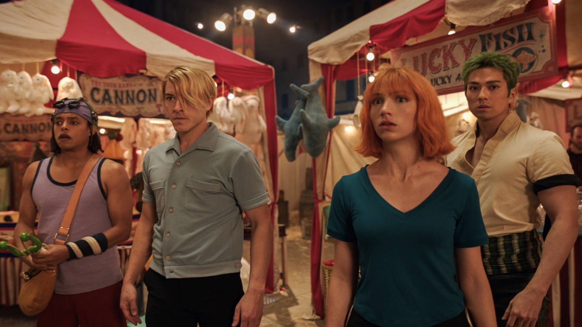 Jacob Romero Gibson as Usopp, Taz Skylar as Sanji, Emily Rudd as Nami, and Mackenyu as Zoro in One Piece season 2