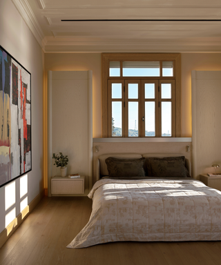 Quiet luxury, neutral bedroom with artwork on left wall and minimal aesthetic, window overlooking the Eiffel Tower