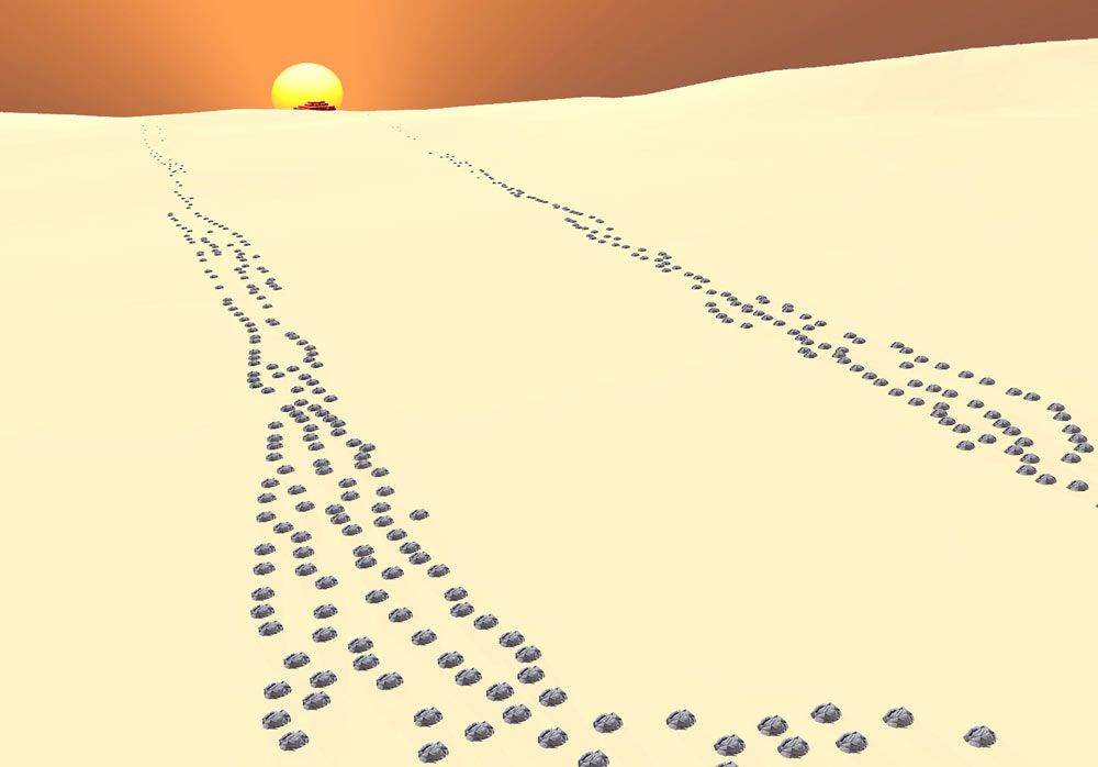 a 3d model of the alignment between a pyramid, two stone lines and the setting winter solstice sun.