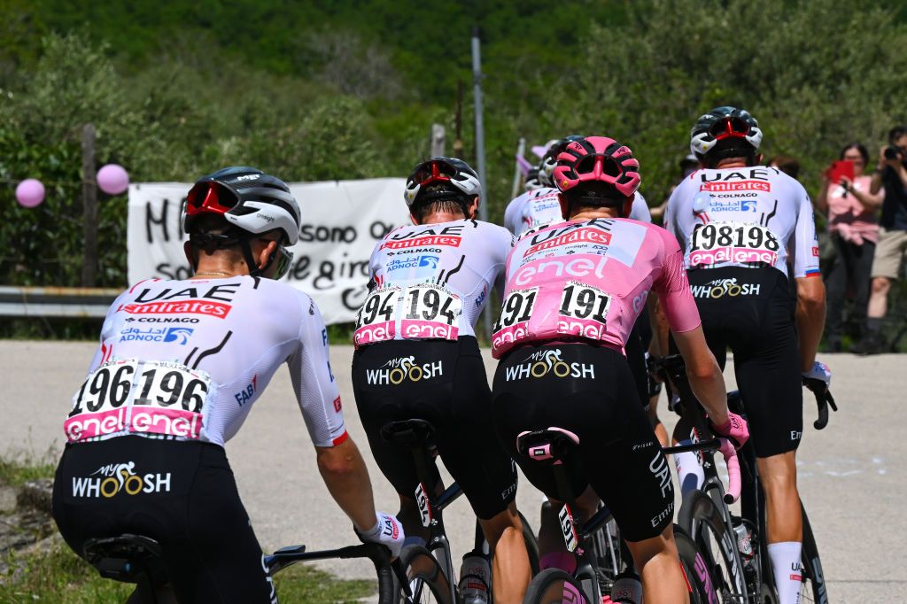 BOCCA DELLA SELVA ITALY MAY 14 Tadej Pogacar of Slovenia and UAE Team Emirates Pink Leader Jersey with teammates compete during the 107th Giro dItalia 2024 Stage 10 a 142km stage from Pompei to Cusano Mutri Bocca della Selva 1389m UCIWT on May 14 2024 in Bocca della Selva Italy Photo by Tim de WaeleGetty Images