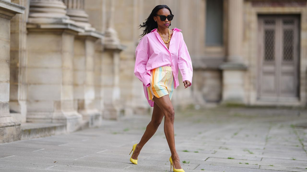 black model wearing shorts and heels, women&#039;s shorts