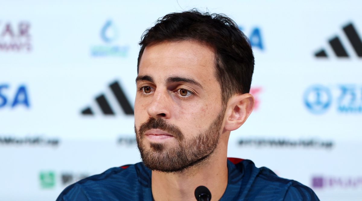 Bernardo Silva of Portugal speaks during the Portugal Press Conference at Main Media Center on November 27, 2022 in Doha, Qatar.