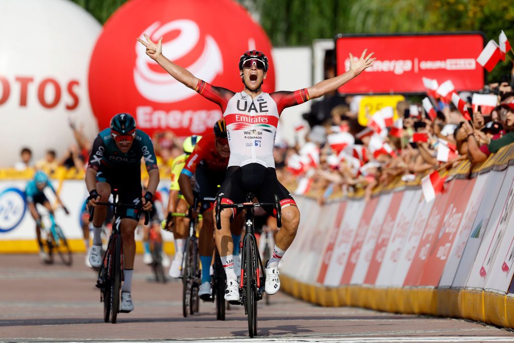SANOK POLAND AUGUST 02 Pascal Ackermann of Germany and UAE Team Emirates celebrates winning during the 79th Tour de Pologne 2022 Stage 4 a 1794km stage from Lesko to Sanok TdP22 WorldTour on August 02 2022 in Sanok Poland Photo by Bas CzerwinskiGetty Images
