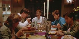 Corey Feldman, Edward Hermann, Dianee Wiest, Corey Haim, and Jamison Newlander in The Lost Boys