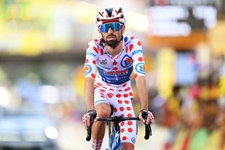 VOIRON, FRANCE - JULY 22: Valentin Paret-Peintre of France and Team Soudal Quick-Step - Polka Dot Mountain Jersey crosses the finish line during the 113th Tour de France 2026, Stage 17 a 174.7km stage from Chambery to Voiron / #UCIWT / on July 22, 2026 in Voiron, France. (Photo by Dario Belingheri/Getty Images)