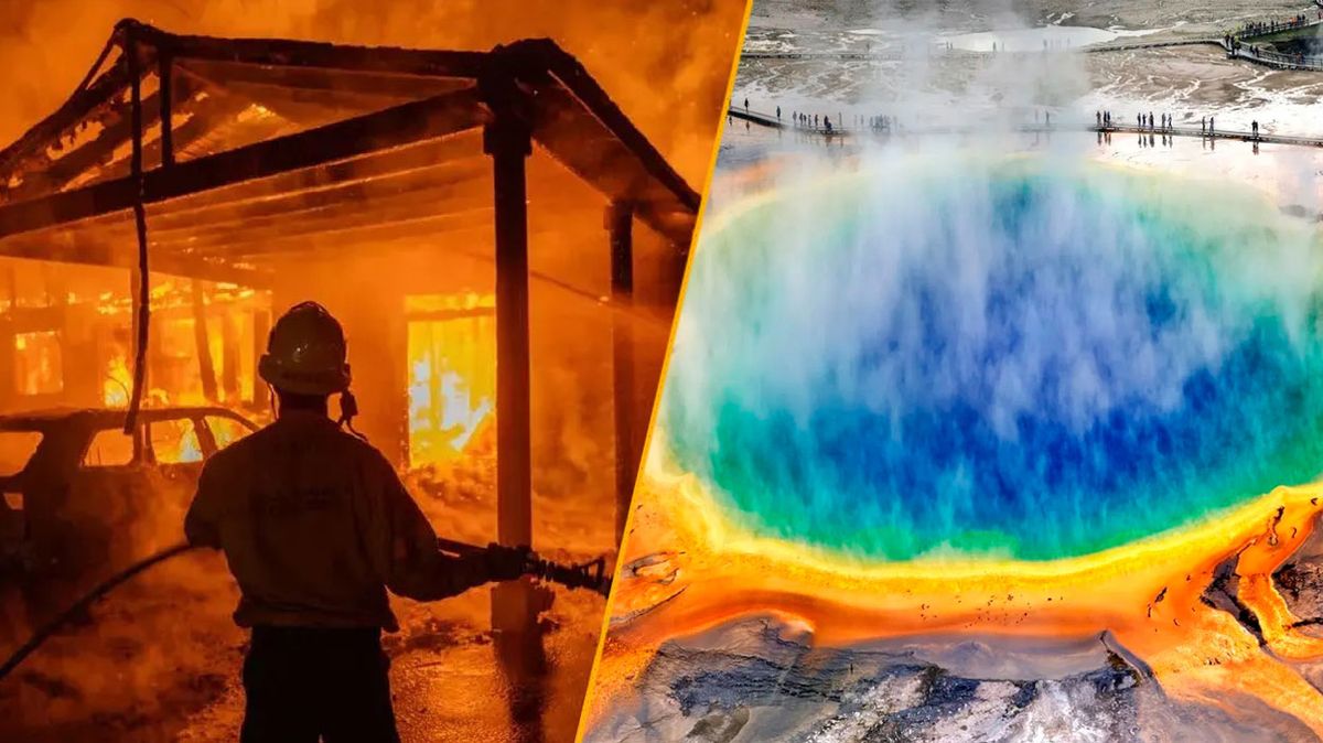 Split image of a firefighter amid the Palisades fires in Los Angeles and Yellowstone&#039;s caldera.