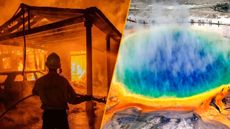 Split image of a firefighter amid the Palisades fires in Los Angeles and Yellowstone's caldera.