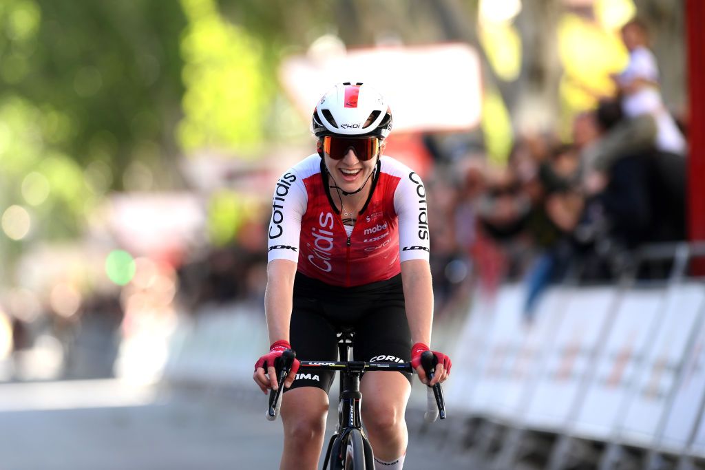 PAMPLONA SPAIN MAY 08 Hannah Ludwig of Germany and Cofidis Women Team celebrates at finish line as race winner during the 4th Navarra Womens Elite Classics 2024 a 1356km one day race from Pamplona to Pamplona on May 08 2024 in Pamplona Spain Photo by Alex BroadwayGetty Images