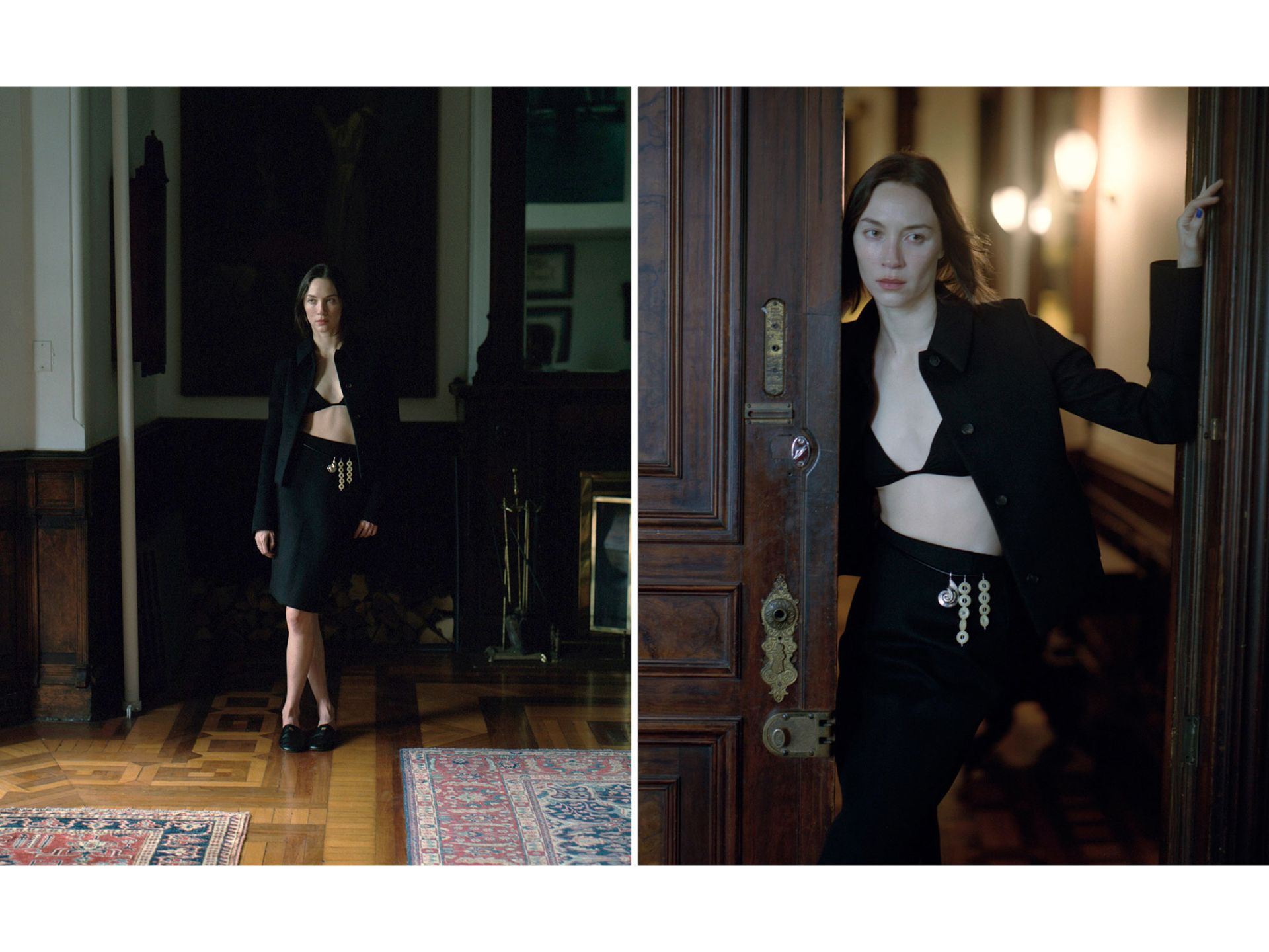 Sydney Lemmon stands in room wearing black button-down shirt and matching pencil skirt paired with a black triangle bra.