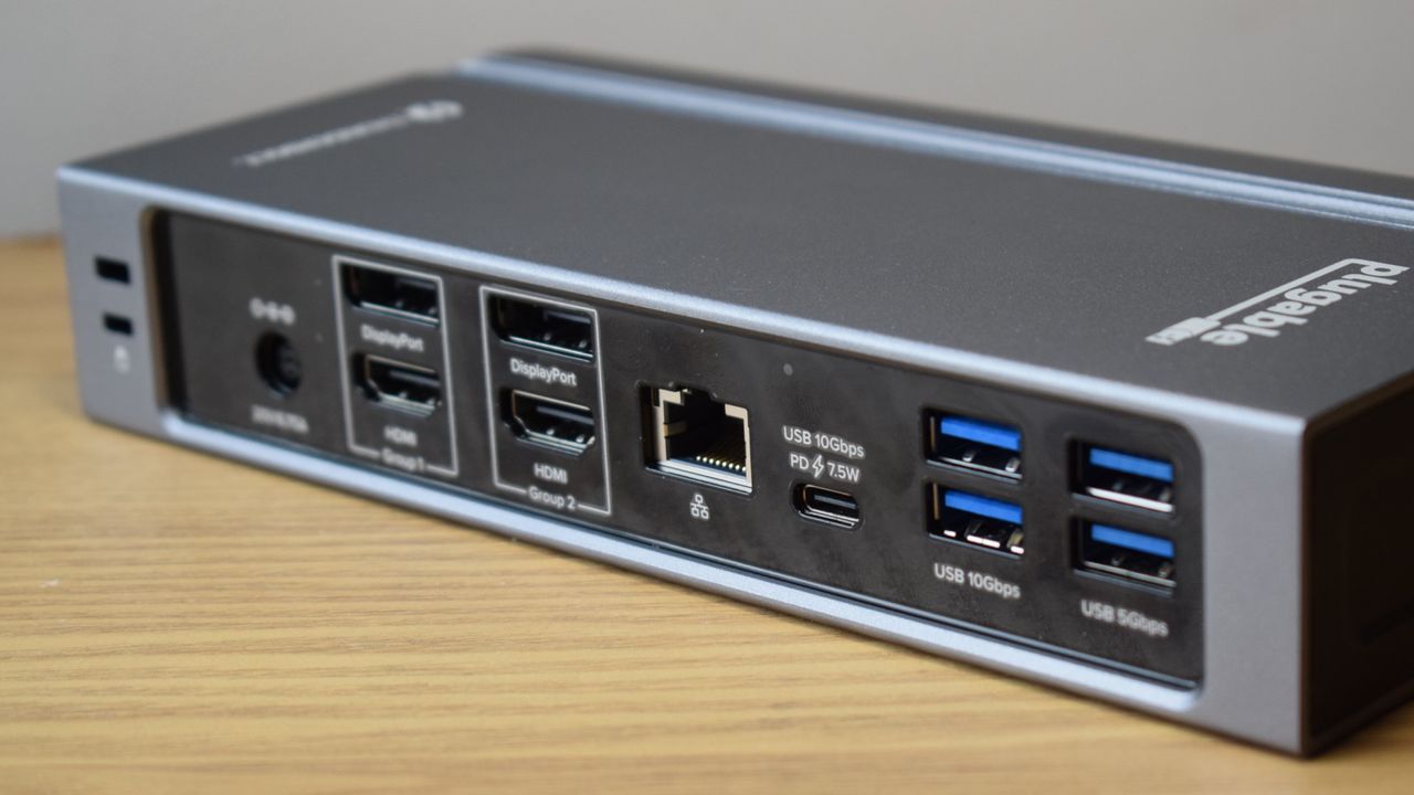 Photo of the Plugable Thunderbolt 4 &amp; USB4 Quad Display Docking Station (TBT4-UDZ) showing the rear-facing ports of the dock.