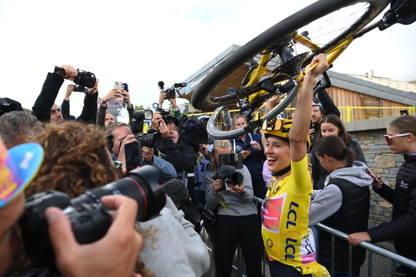 ALPE DHUEZ FRANCE AUGUST 18 Final overall race winner Katarzyna Niewiadoma of Poland and Team CanyonSRAM Racing Yellow Leader Jersey celebrates after the 3rd Tour de France Femmes 2024 Stage 8 a 1499km stage from Le GrandBornand to Alpe dHuez 1828m UCIWWT on August 18 2024 in Alpe dHuez France Photo by Alex BroadwayGetty Images