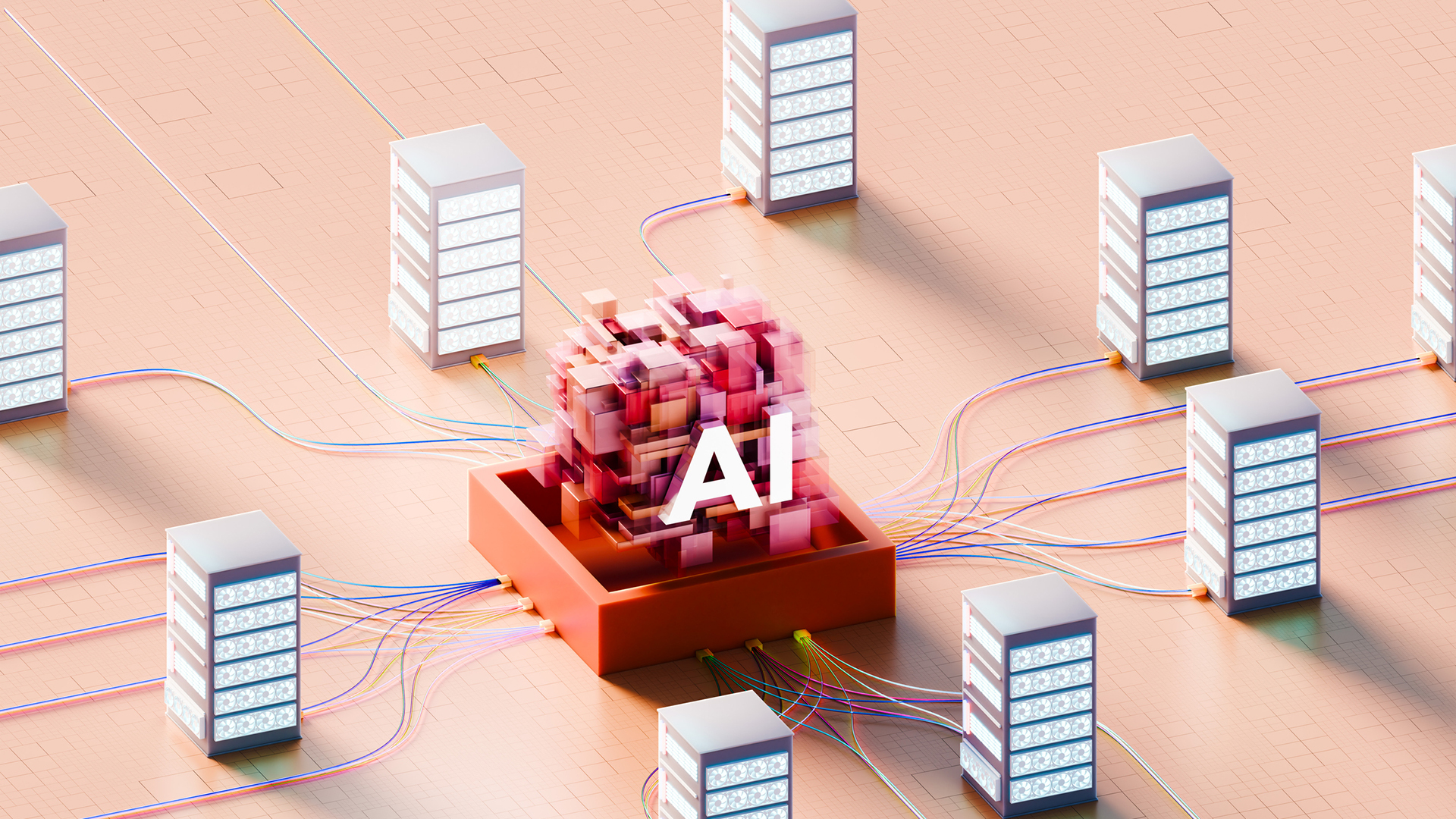 Conceptual image of a large-scale futuristic data center on a peach grid showcasing a prominent glowing AI cube cluster emerging from an orange container, with extensive colorful wiring linking to surrounding illuminated server racks in precise formations, representing advanced artificial intelligence infrastructure, machine learning networks, and interconnected digital systems in a high-tech conceptual 3D scene with vibrant effects.