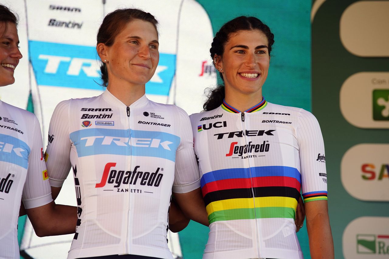 Giro d'Italia Donne 2022 - 33rd Edition - Teams Presentation - 29/06/2022 - Elisa Longo Borghini (ITA - Trek - Segafredo) - Elisa Balsamo (ITA - Trek - Segafredo) - photo Massimo Fulgenzi/PMG Sport/SprintCyclingAgency&Acirc;&copy;2022