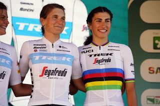 World Champion Elisa Balsamo and Elisa Longo Borghini (Trek-Segafredo) at the team presentation for the Giro d'Italia Donne