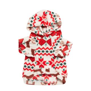A cream fleece dog hoodie with a green and red fair isle design, for Christmas sweaters for dogs.