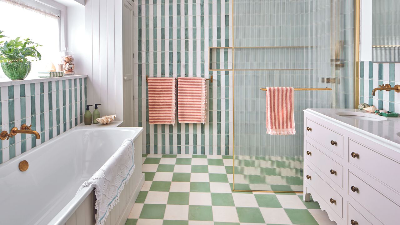 Bathroom with stripey and checkerboard tiles