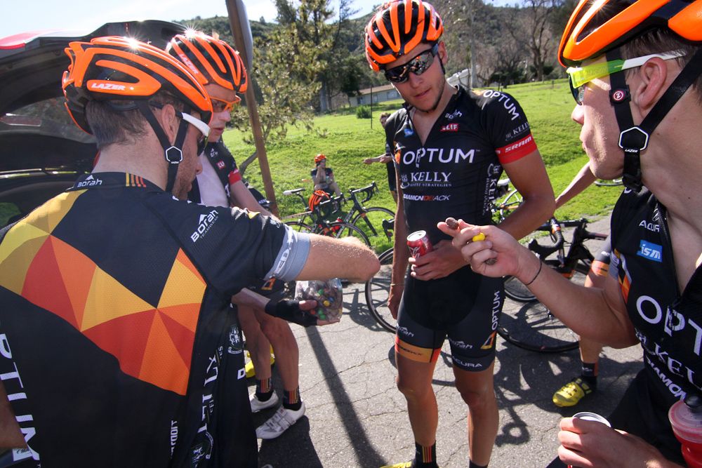 Riders refuel during a break in the action.