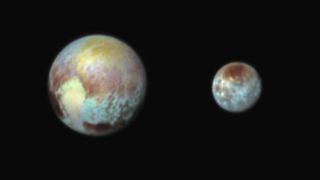 An image of Pluto and Charon taken on July 13, 2015, by the Ralph instrument on NASA's New Horizons spacecraft, using three filters to obtain color information, which is exaggerated in the image. These are not the actual colors of Pluto and Charon, and th