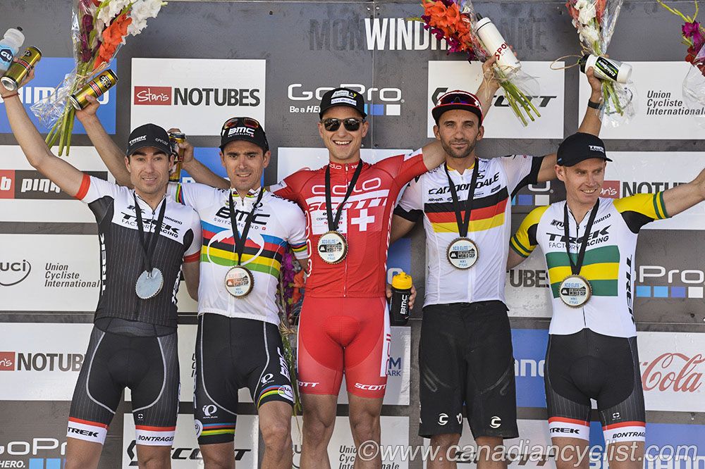 Sergio Mantecon , Julien Absalon, Nino Schurter, Manuel Fumic, Daniel McConnell on the podium