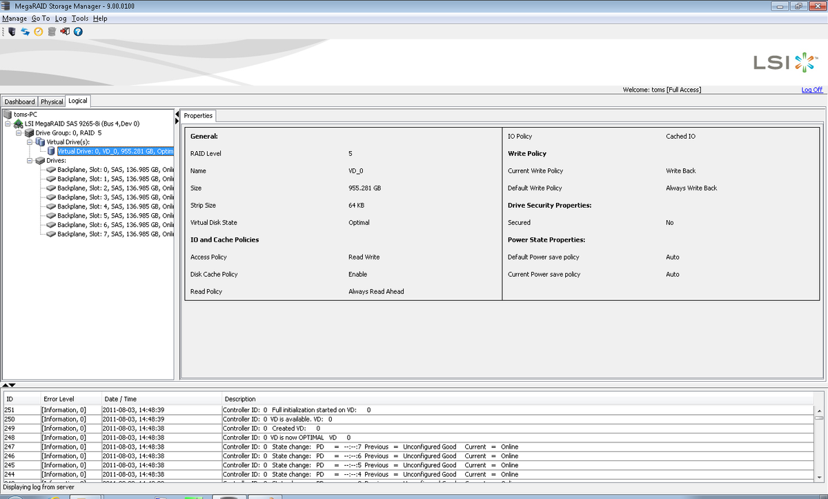 LSI MegaRAID 92658i RAID Software And Array Setup Four SAS 6 Gb/s