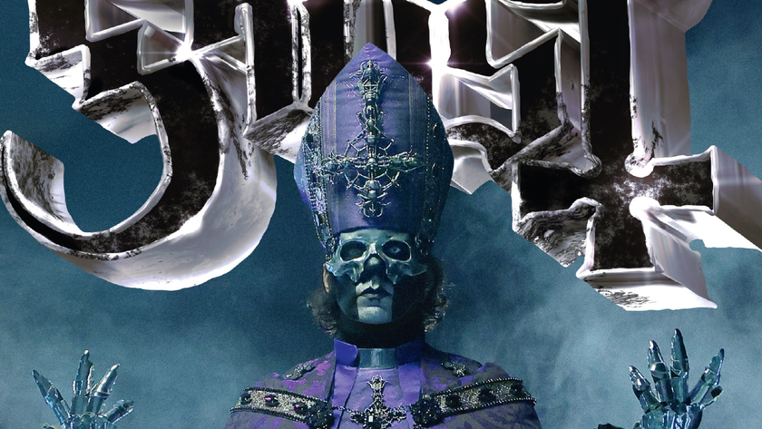 Ghost singer Papa V Perpetua, standing in front of the Ghost logo