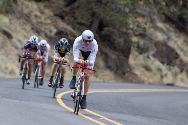 Riders get bunched up after the turn around.