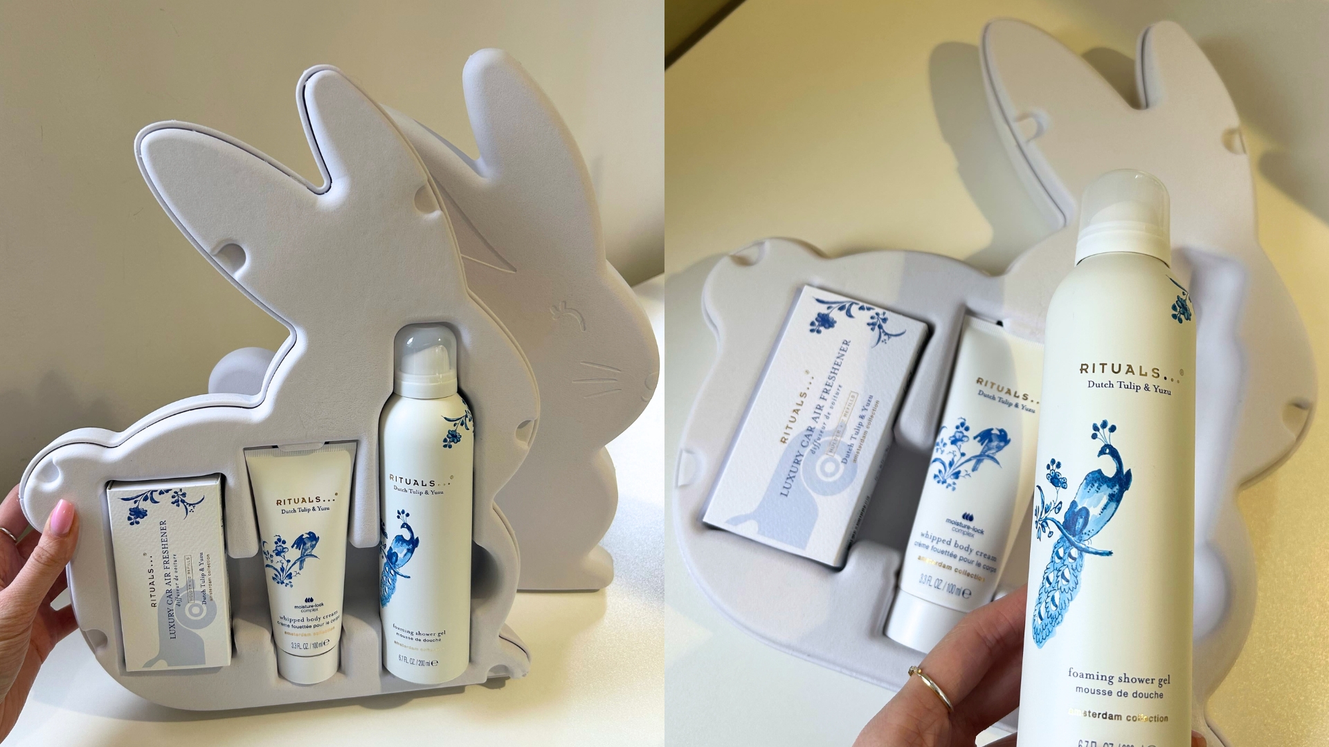 On the left, the inside of the Rituals Amsterdam Easter Gift Set showing its contents, and on the right, a hand holding the Shower Gel