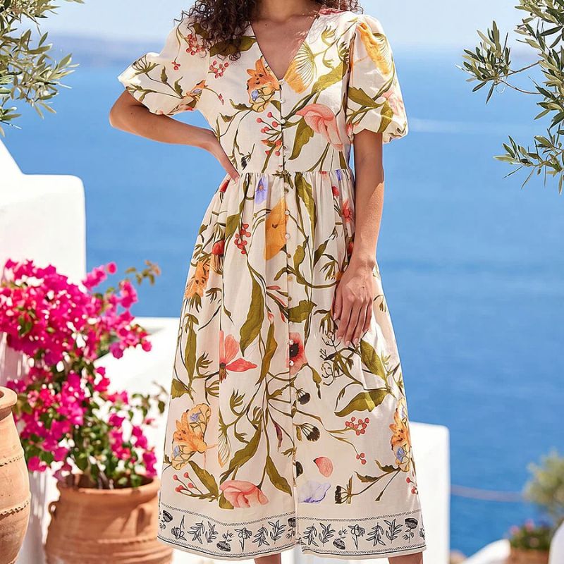 Roman, Petite Floral Print Button Midi Dress