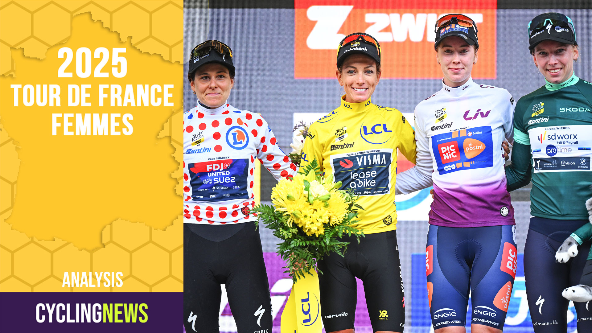 CHATEL LES PORTES DU SOLEIL, FRANCE - AUGUST 03: (L-R) Elise Chabbey of Switzerland and Team FDJ - SUEZ - Polka dot Mountain Jersey, Pauline Ferrand-Prevot of France and Team Visma | Lease a Bike - Yellow leader jersey, Nienke Vinke of Netherlands and Team Picnic PostNL - White best young jersey and Lorena Wiebes of Netherlands and Team SD Worx - Protime - Green Sprint Jersey celebrate at podium during the 4th Tour de France Femmes 2025, Stage 9 a 124.1km stage from Praz-sur-Arly to Chatel Les Portes du Soleilon 1298m / #UCIWWT / August 03, 2025 in Chatel Les Portes du Soleil, France. (Photo by Szymon Gruchalski/Getty Images)