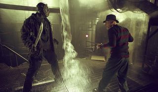 Freddy vs. Jason the slashers facing off in a boiler room