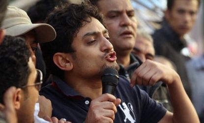 Google executive Wael Ghonim speaks to the tens of thousands of protesters who returned to Tahrir Square Tuesday after his release from government detention.