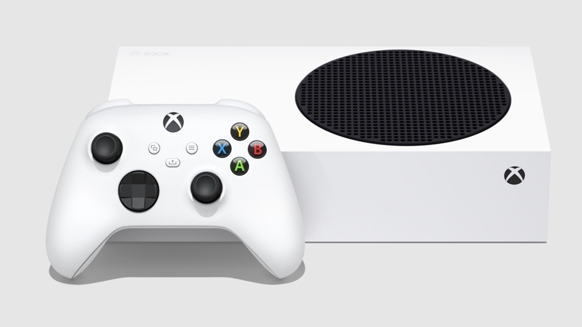 White Xbox Series S console, with a white Xbox Series controller on the front