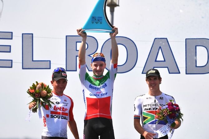 Elia Viviani (Deceuninck-QuickStep) holds his trophy aloft after winning the 2019 Cadel Evans Great Ocean Road Race