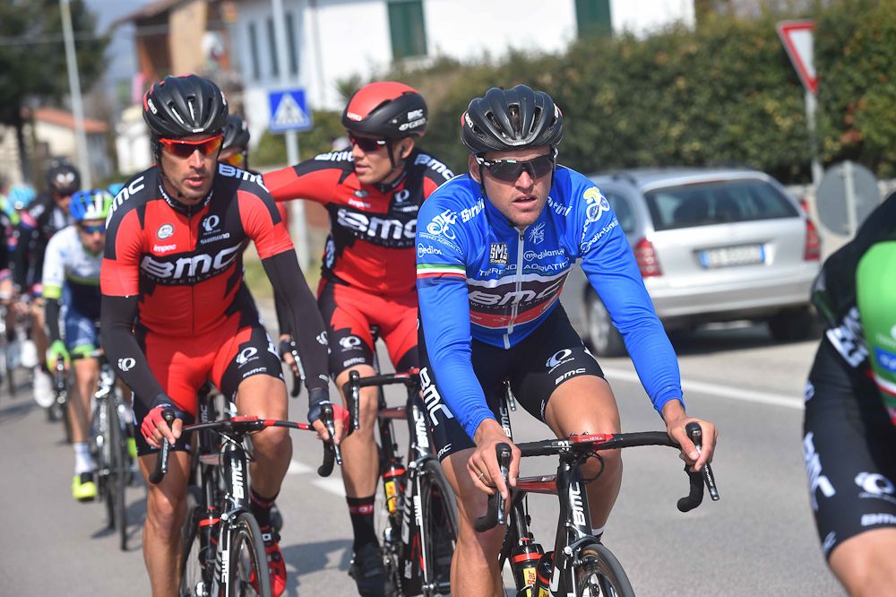 Greg Van Avermaet riding in the race leader's jersey.