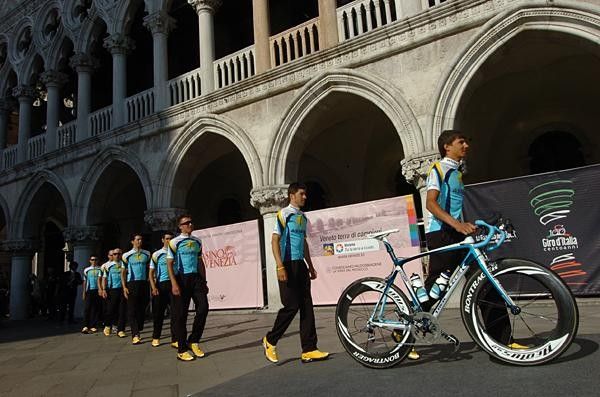 The Astana team strolls to the stage.