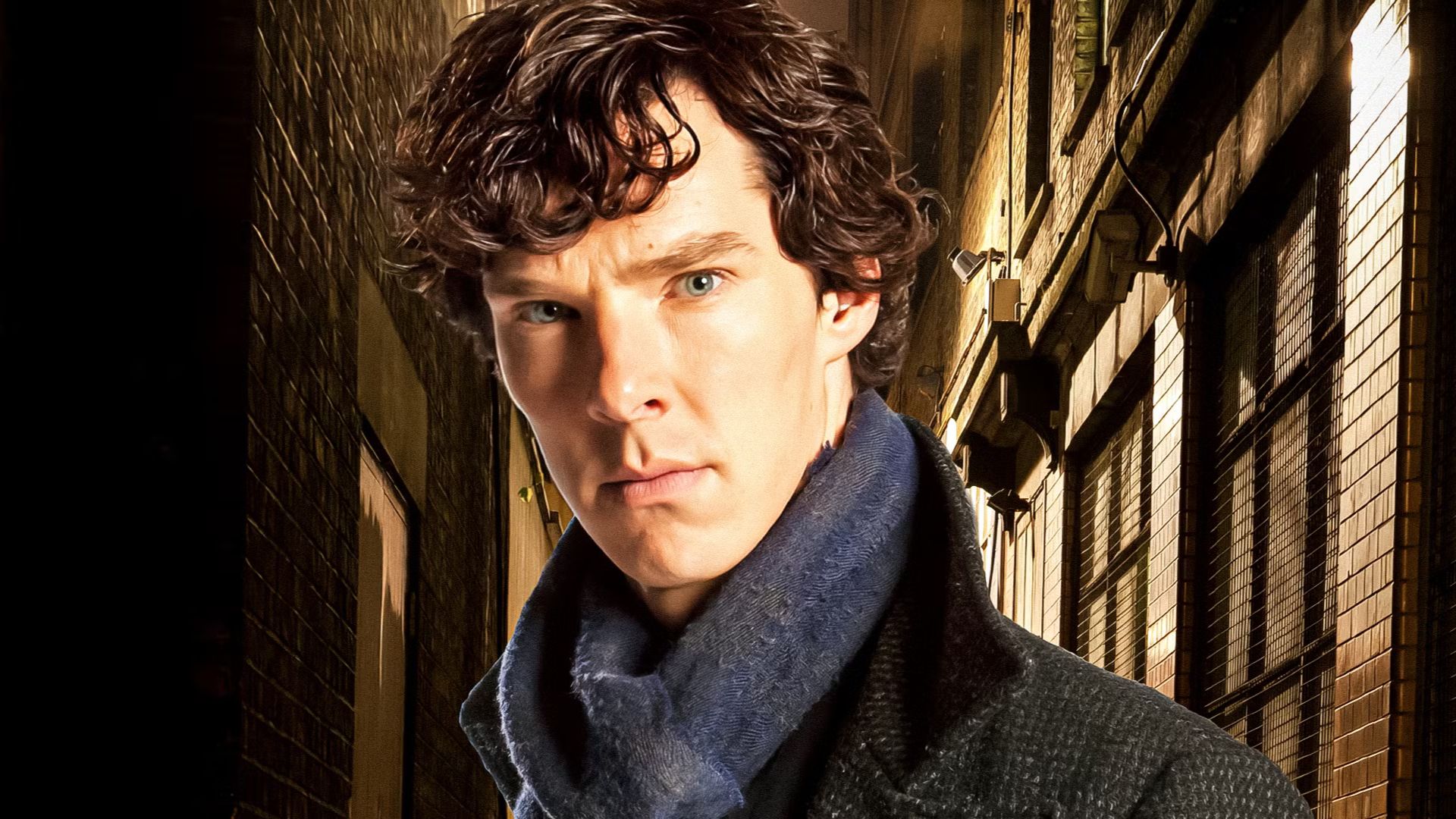 Sherlock stares down a dimly lit alley