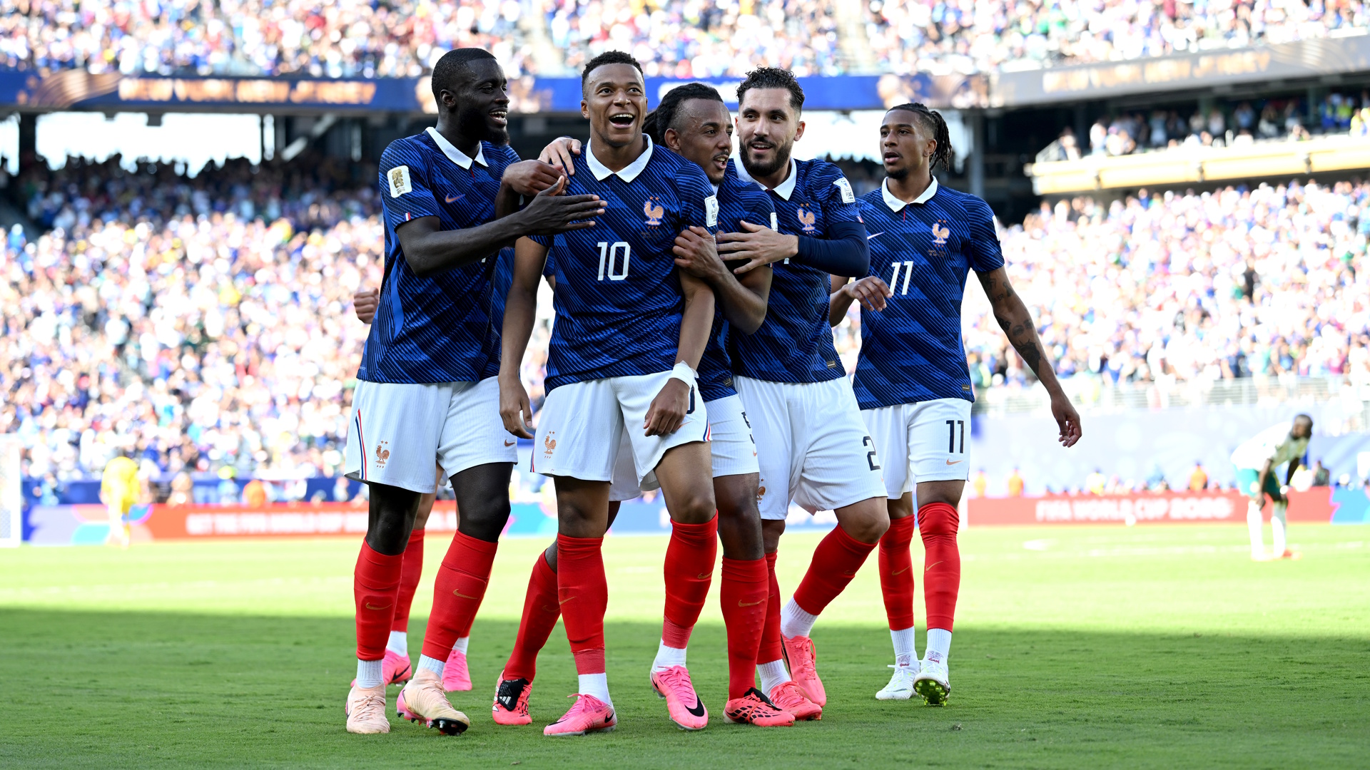 Kylian Mbappe of France celebrates with teammates after scoring a goal during the FIFA World Cup 2026.
