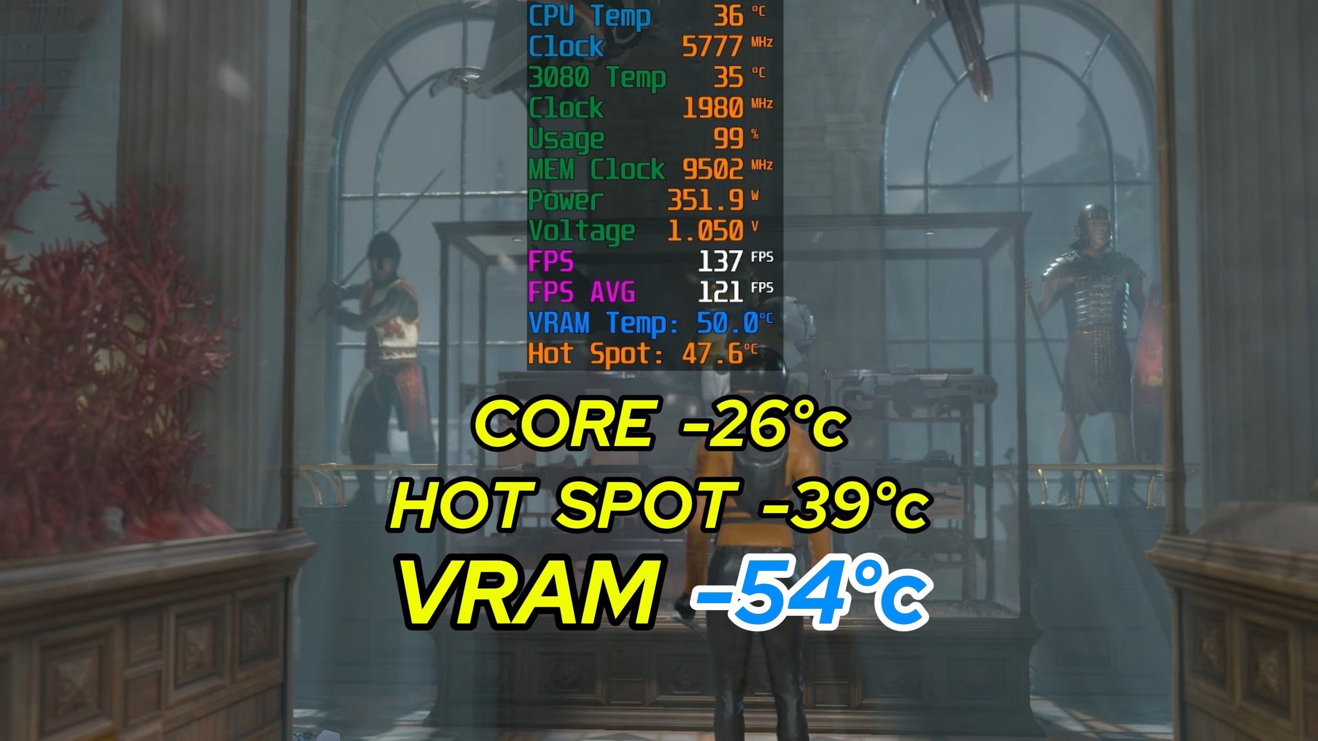 لقطة شاشة من مقطع فيديو Trashbench تُظهر انخفاضًا هائلاً في درجات حرارة وحدة معالجة الرسومات (GPU) ونقطة الاتصال وVRAM بعد استخدام مبرد سائل.