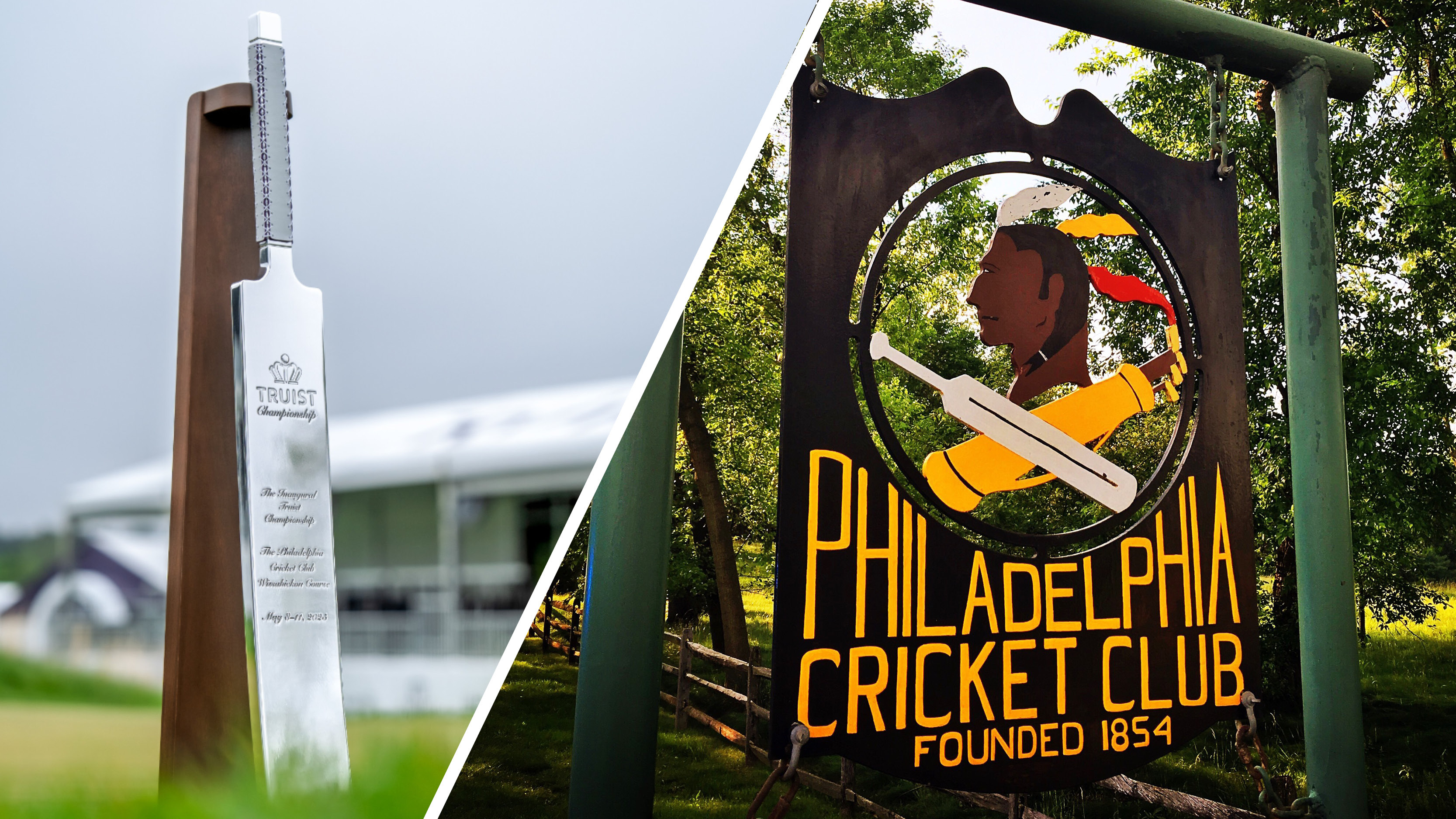 (left) The Truist Championship trophy, which is in the shape of a cricket bat, and a general photo of the Philadelphia Cricket Club sign (right)
