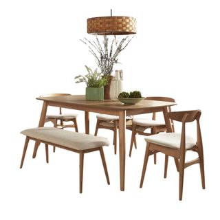 Wooden Scandi-style dining set with a bench and three chairs and a rectangular table
