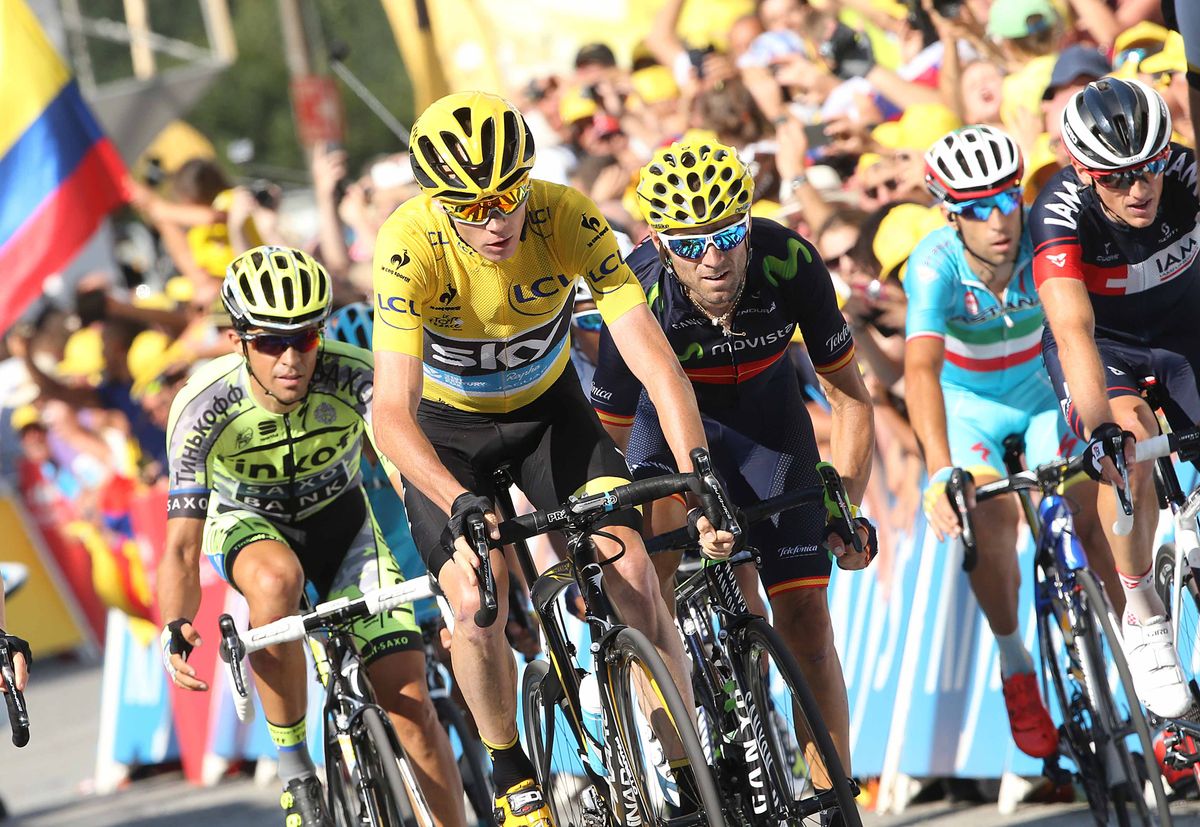 Chris Froome (Sky) rolls home with Alberto Contador, Alejandro Valverde and Vincenzo Nibali.