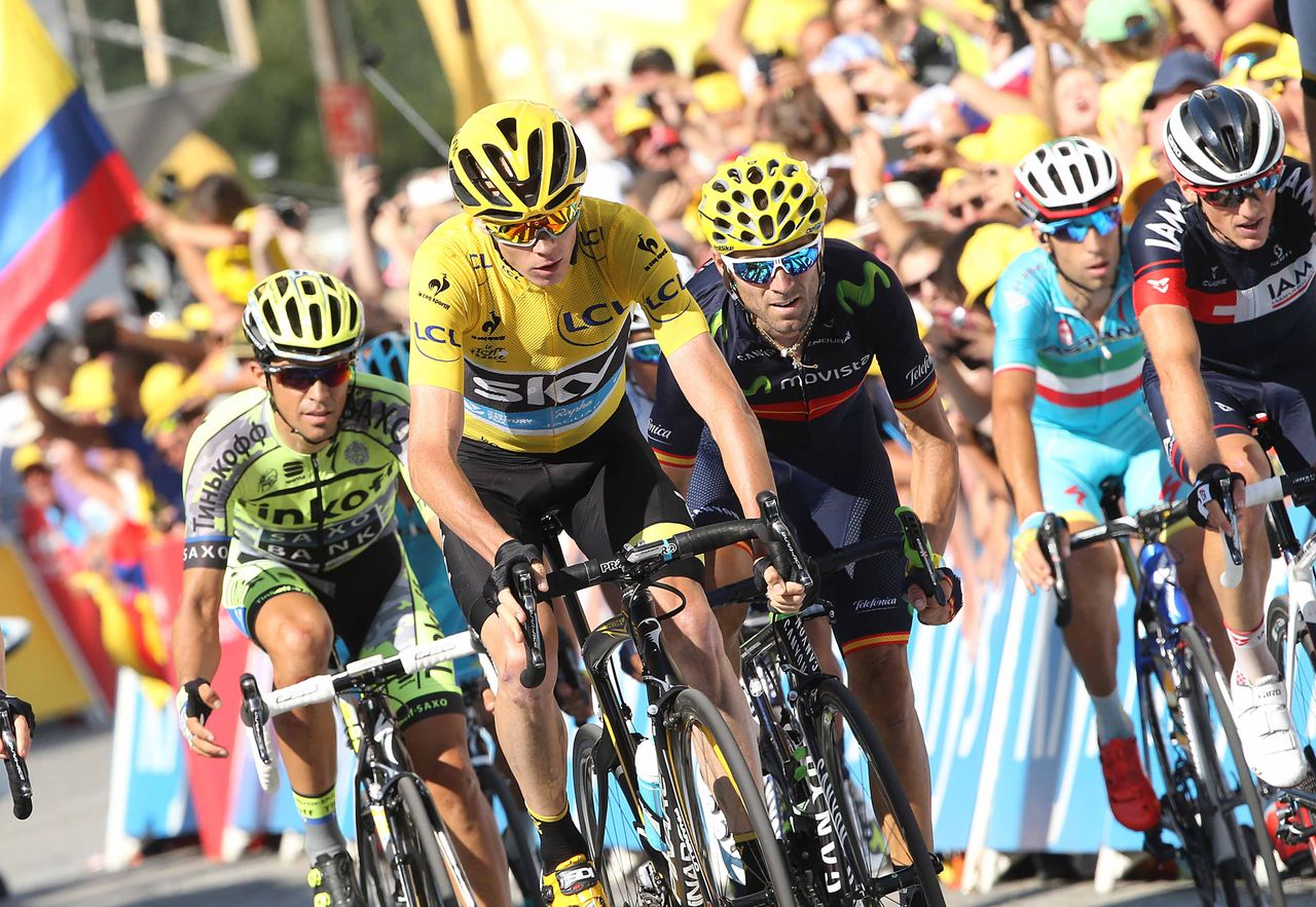 Chris Froome (Sky) rolls home with Alberto Contador, Alejandro Valverde and Vincenzo Nibali.