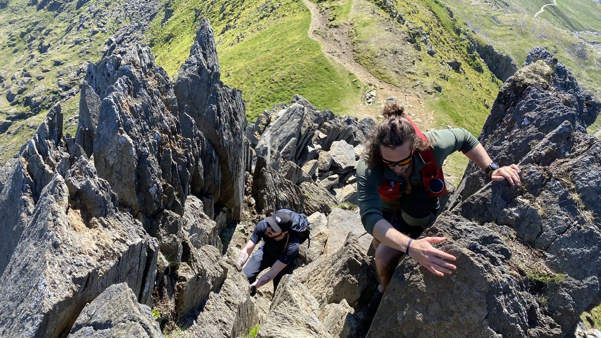 what is scrambling in hiking: scrambling on Crib y Ddysgl